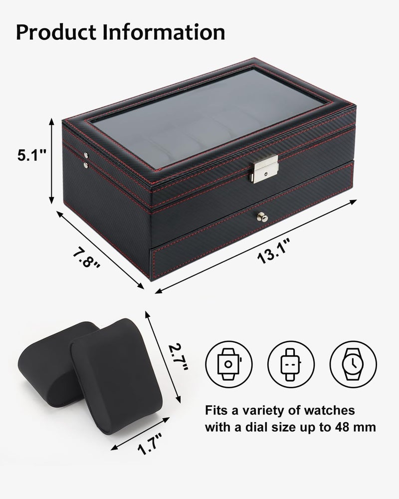 Jenseits 12 Slot Watch Case,2 Layers Watch Box Organizer with Large Glass Lid, Lockable Leather Watch Holder Display Case Storage with Jewelry Organizer Holder Drawer, Ideal Gift for Men Women, Black - Image 5